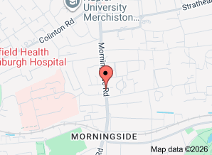Google map showing location of Out of the Blue gift and card shop at 213 Morningside Road Edinburgh